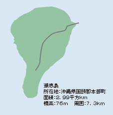 瀬底島 所在地：沖縄県国頭郡本部町 面積：２．９９平方ｋｍ　 標高：７６ｍ　　周囲：７．３ｋｍ